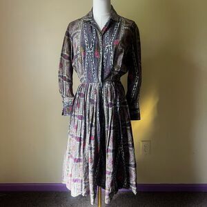 Vintage 70s HenryLee Paisley Print Shirt Dress Long Sleeve Pleated Skirt Small